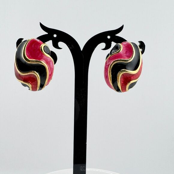 Vintage Red Black Enamel Clip-On Earrings – Retro 80s Gold Swirl Statement - Picture 4 of 9